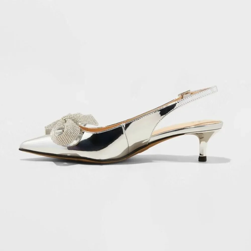 Open Box - A New Day -  Women's Rhinestone Bow Slingback Kitten  Silver